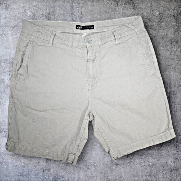 Zara Men's Chino Shorts - Light Gray/GREEN - Size 34 - Picture 1 of 15